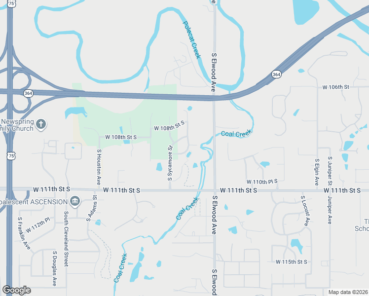 map of restaurants, bars, coffee shops, grocery stores, and more near 1201 West 109th Place South in Jenks