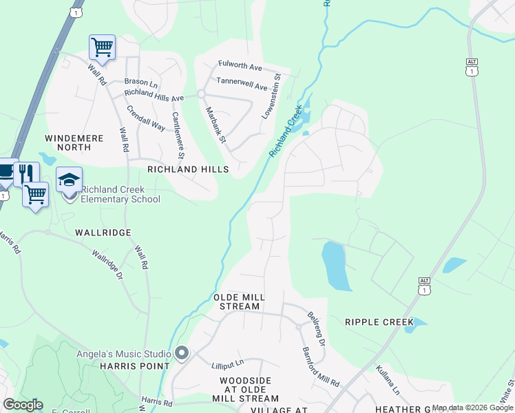 map of restaurants, bars, coffee shops, grocery stores, and more near 609 Houndsditch Circle in Wake Forest