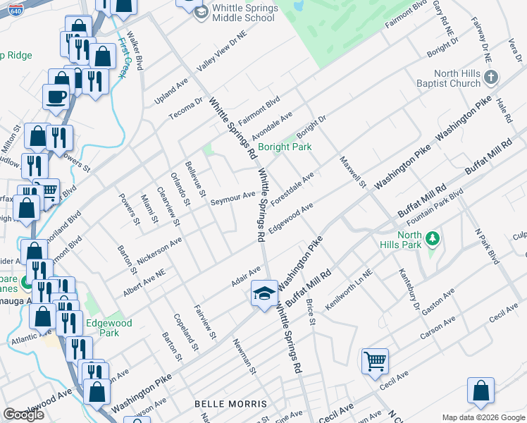 map of restaurants, bars, coffee shops, grocery stores, and more near 1603 Forestdale Avenue in Knoxville