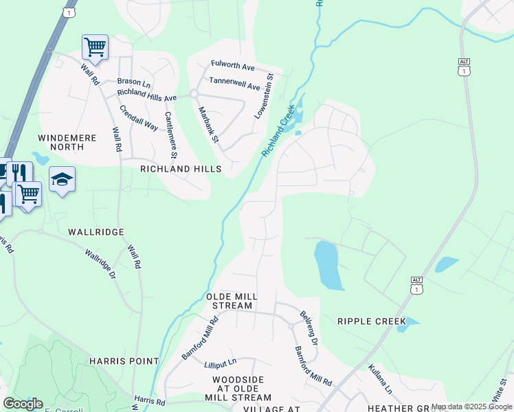 map of restaurants, bars, coffee shops, grocery stores, and more near 609 Houndsditch Circle in Wake Forest