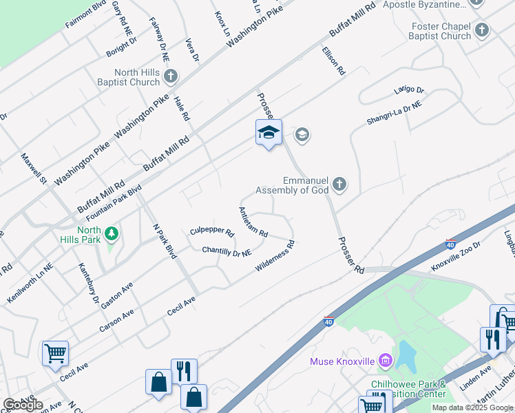 map of restaurants, bars, coffee shops, grocery stores, and more near 3614 Wilderness Rd in Knoxville
