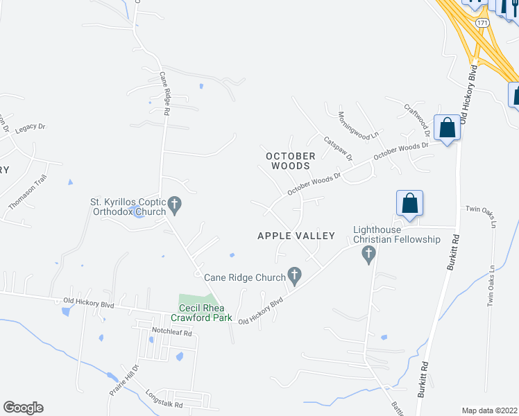 map of restaurants, bars, coffee shops, grocery stores, and more near 7075 Red Apple Road in Nashville