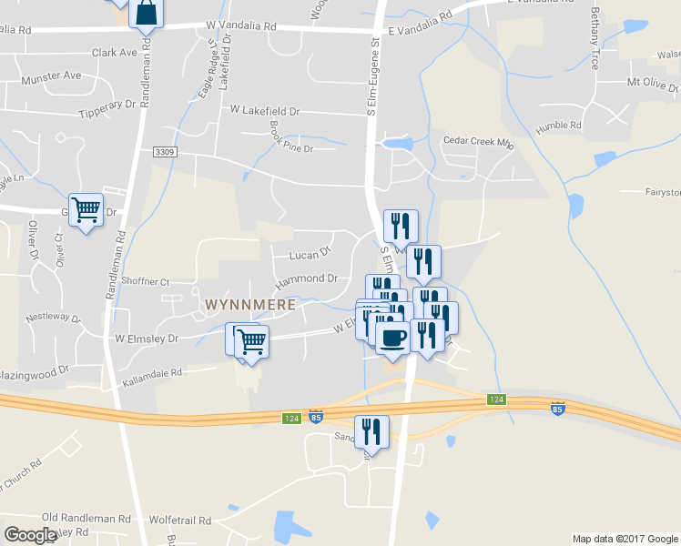 map of restaurants, bars, coffee shops, grocery stores, and more near 102 Hammond Drive in Greensboro