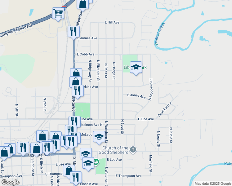 map of restaurants, bars, coffee shops, grocery stores, and more near 517 North Hodge Street in Sapulpa