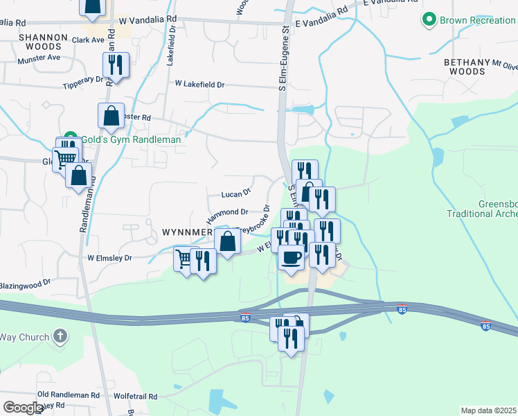 map of restaurants, bars, coffee shops, grocery stores, and more near 102 Hammond Drive in Greensboro