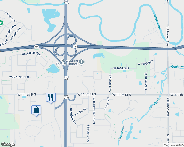 map of restaurants, bars, coffee shops, grocery stores, and more near 10751 Masters Circle in Jenks