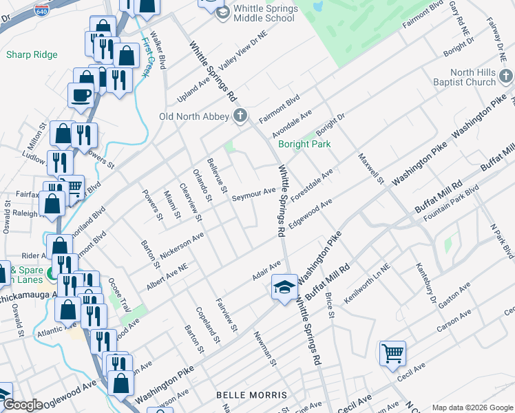 map of restaurants, bars, coffee shops, grocery stores, and more near 3146 Derieux Drive in Knoxville
