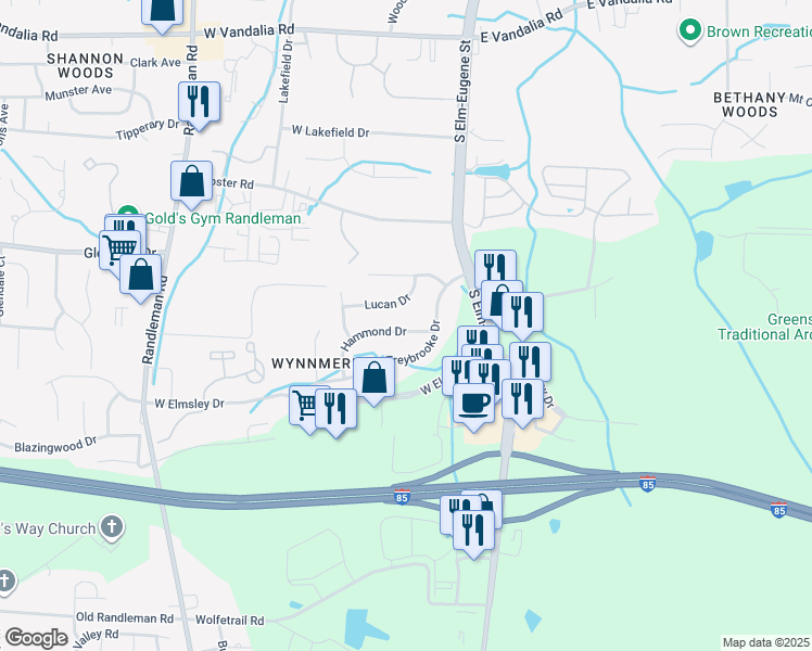 map of restaurants, bars, coffee shops, grocery stores, and more near 104 Hammond Drive in Greensboro