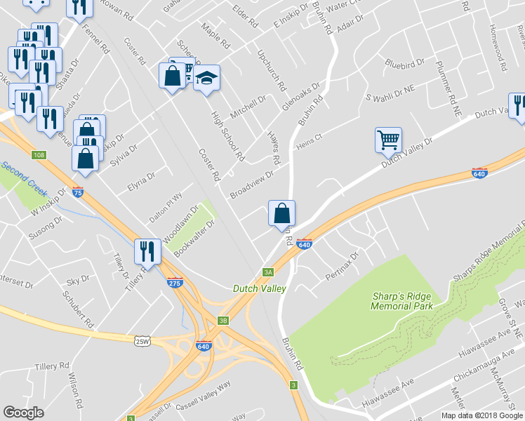 map of restaurants, bars, coffee shops, grocery stores, and more near 411 Sharp Lane Northeast in Knoxville