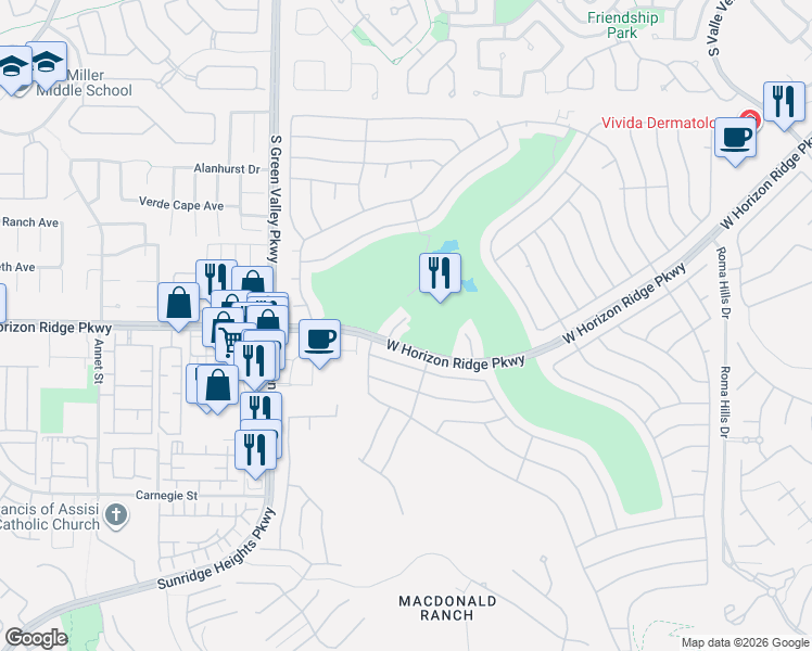 map of restaurants, bars, coffee shops, grocery stores, and more near 511 Mountain Dell Court in Henderson
