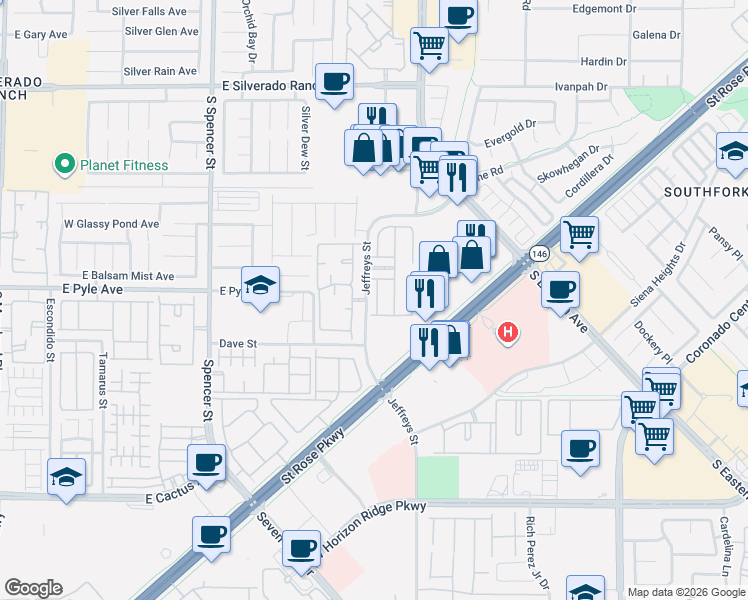 map of restaurants, bars, coffee shops, grocery stores, and more near 10108 Sunset Palisades Way in Las Vegas