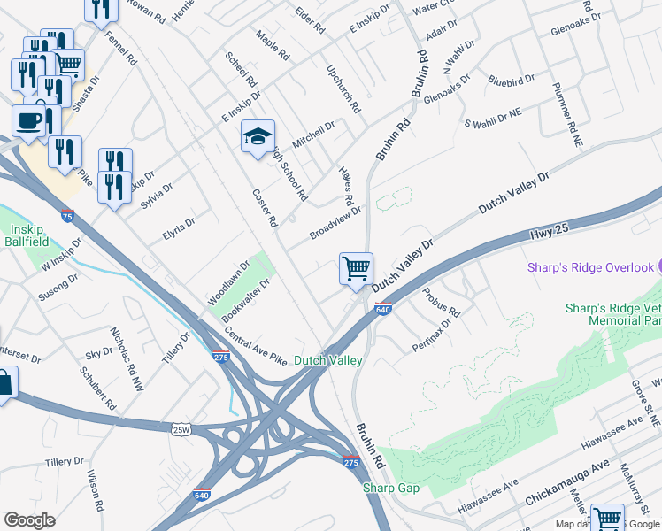 map of restaurants, bars, coffee shops, grocery stores, and more near 411 Sharp Lane Northeast in Knoxville