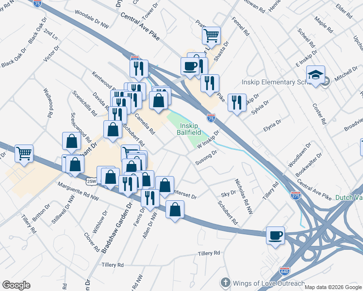 map of restaurants, bars, coffee shops, grocery stores, and more near 5013 Wilford Road in Knoxville