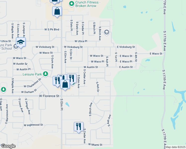 map of restaurants, bars, coffee shops, grocery stores, and more near 301 West Birmingham Street in Broken Arrow