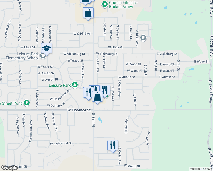 map of restaurants, bars, coffee shops, grocery stores, and more near 425 West Birmingham Street in Broken Arrow