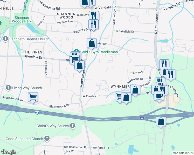 map of restaurants, bars, coffee shops, grocery stores, and more near 412 Shoffner Court in Greensboro