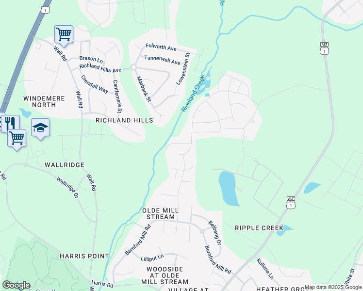map of restaurants, bars, coffee shops, grocery stores, and more near 609 Houndsditch Circle in Wake Forest