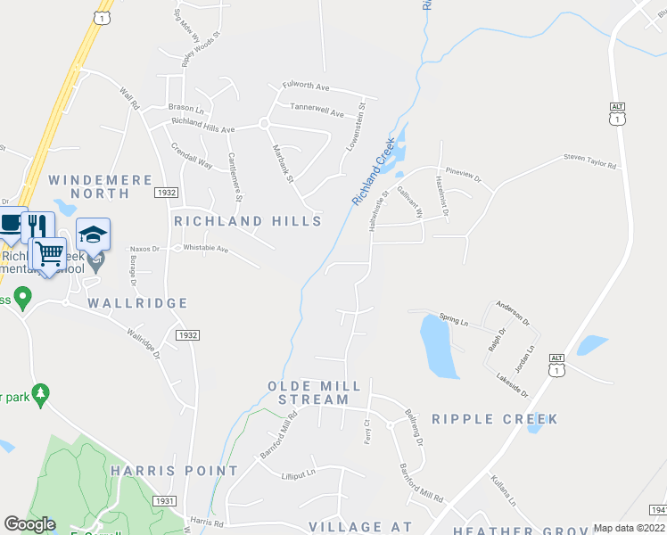 map of restaurants, bars, coffee shops, grocery stores, and more near 621 Houndsditch Circle in Wake Forest