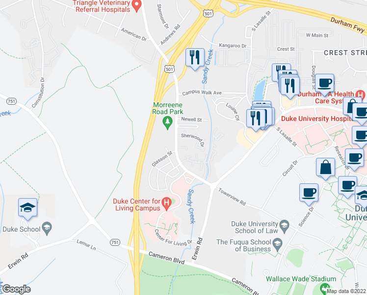 map of restaurants, bars, coffee shops, grocery stores, and more near 1137 Morreene Road in Durham