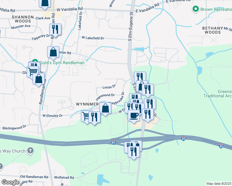 map of restaurants, bars, coffee shops, grocery stores, and more near 106 Hammond Drive in Greensboro