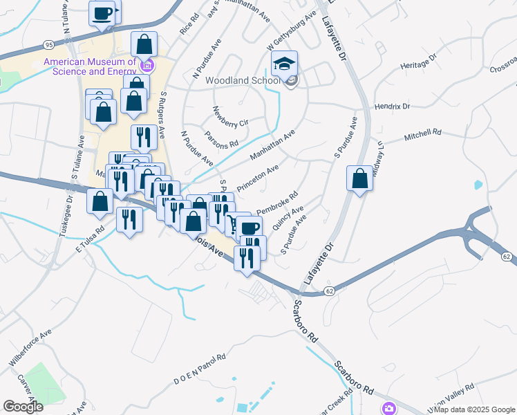 map of restaurants, bars, coffee shops, grocery stores, and more near 115 Pembroke Road in Oak Ridge