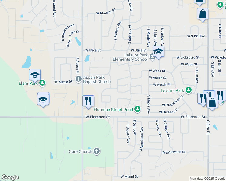 map of restaurants, bars, coffee shops, grocery stores, and more near 1817 West Birmingham Street in Broken Arrow