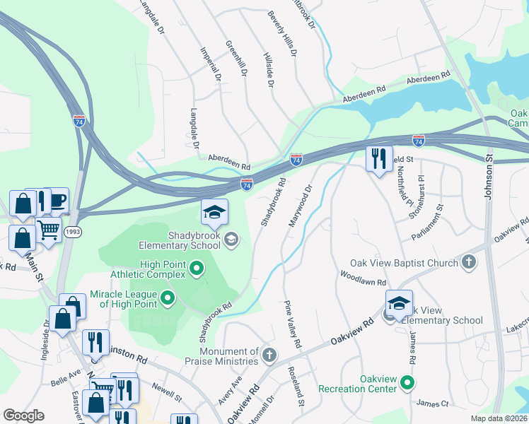 map of restaurants, bars, coffee shops, grocery stores, and more near 517 Shadybrook Road in High Point