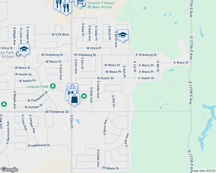 map of restaurants, bars, coffee shops, grocery stores, and more near 301 West Birmingham Street in Broken Arrow
