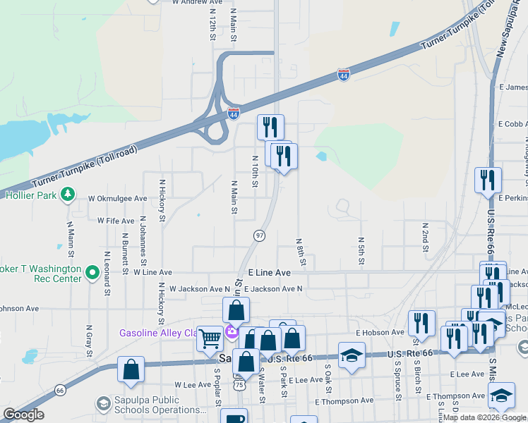 map of restaurants, bars, coffee shops, grocery stores, and more near 601 North 10th Street in Sapulpa
