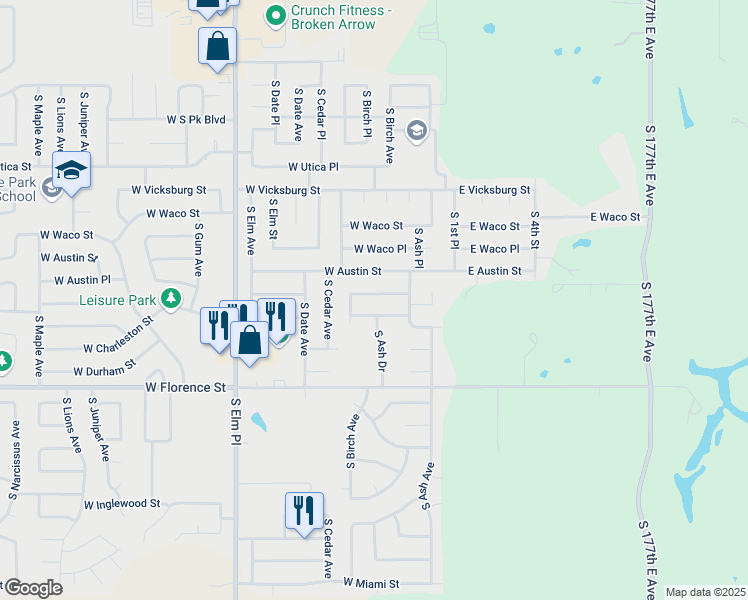 map of restaurants, bars, coffee shops, grocery stores, and more near 301 West Birmingham Street in Broken Arrow