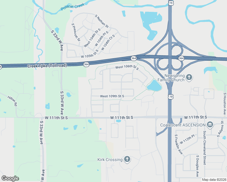 map of restaurants, bars, coffee shops, grocery stores, and more near 3712 West 108th Court South in Jenks