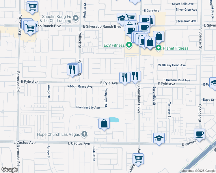 map of restaurants, bars, coffee shops, grocery stores, and more near 10110 Pennyroyal Street in Las Vegas