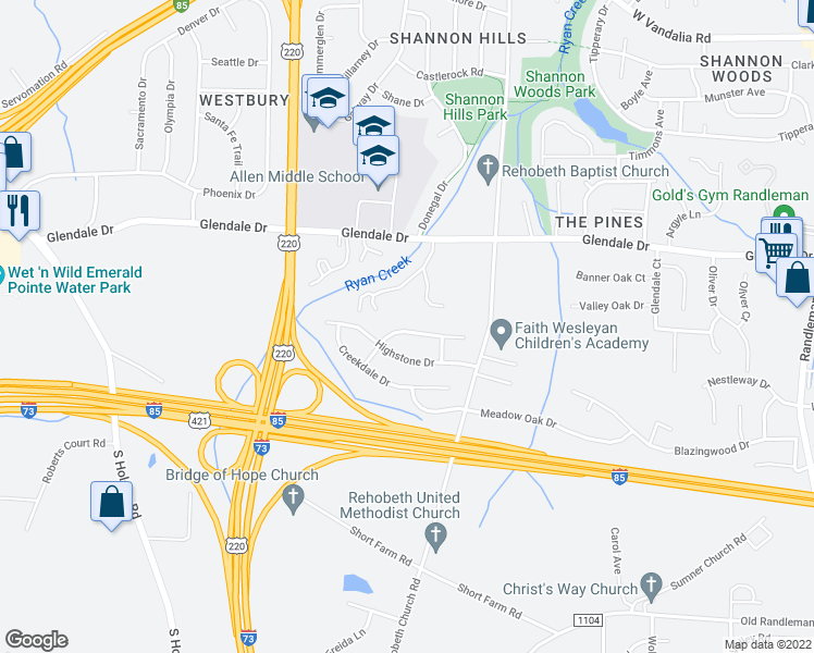 map of restaurants, bars, coffee shops, grocery stores, and more near 1028 Quinlan Drive in Greensboro