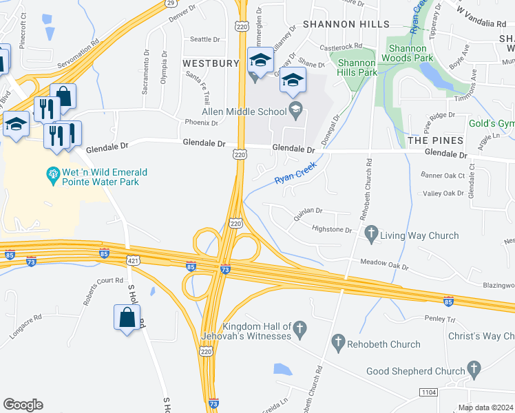 map of restaurants, bars, coffee shops, grocery stores, and more near 1121 Highstone Drive in Greensboro
