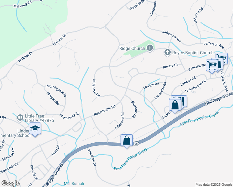 map of restaurants, bars, coffee shops, grocery stores, and more near 106 N Seneca Rd in Oak Ridge