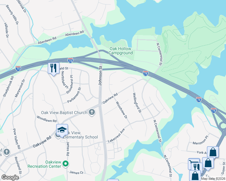 map of restaurants, bars, coffee shops, grocery stores, and more near 3504 Woodview Dr in High Point