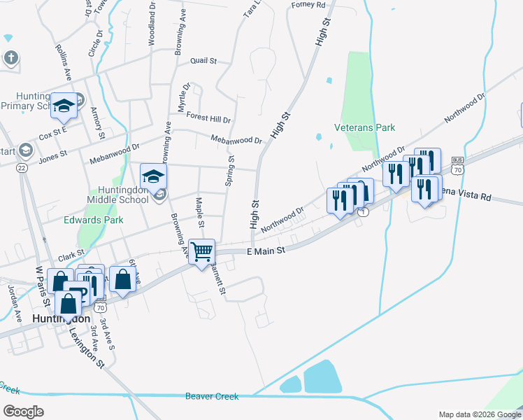 map of restaurants, bars, coffee shops, grocery stores, and more near 136 High Street in Huntingdon