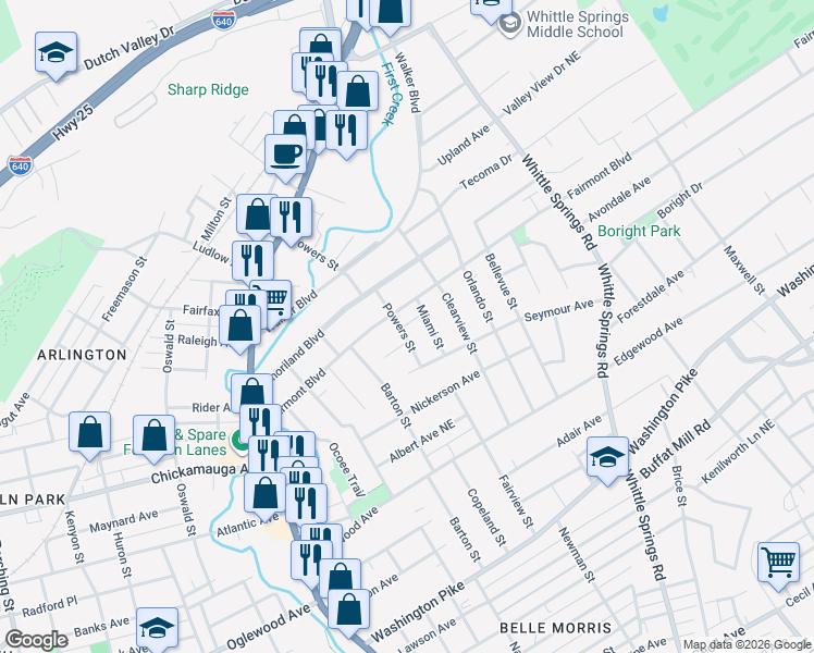 map of restaurants, bars, coffee shops, grocery stores, and more near 3338 Powers Street in Knoxville