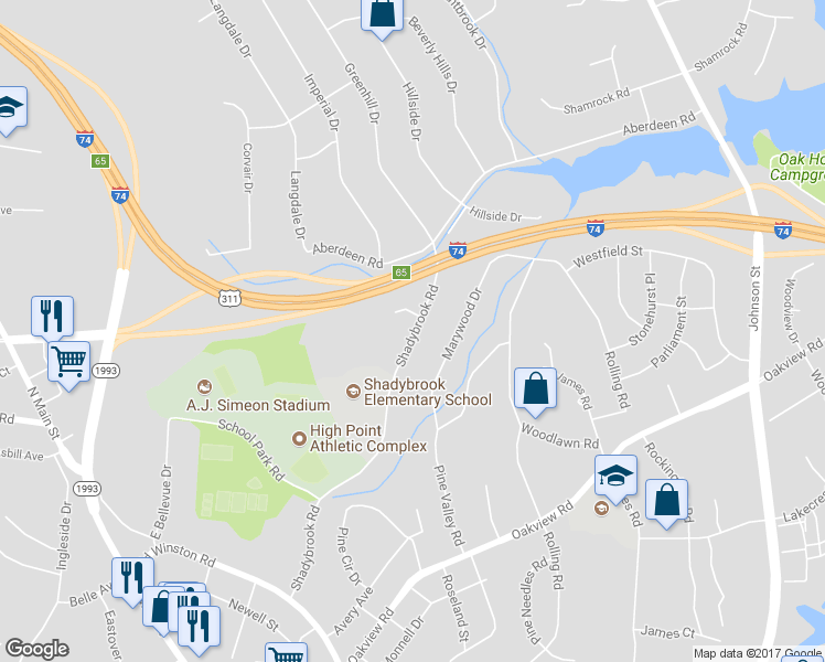 map of restaurants, bars, coffee shops, grocery stores, and more near 517 Shadybrook Road in High Point