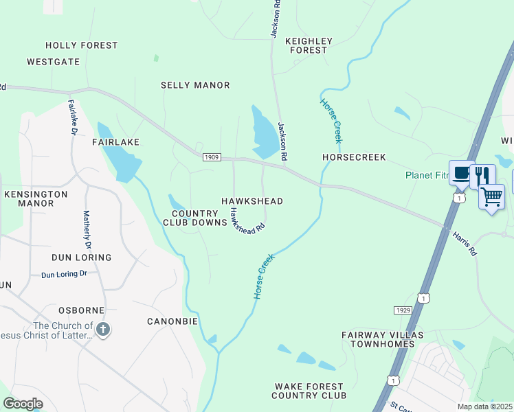 map of restaurants, bars, coffee shops, grocery stores, and more near 8117 Hawkshead Road in Wake Forest
