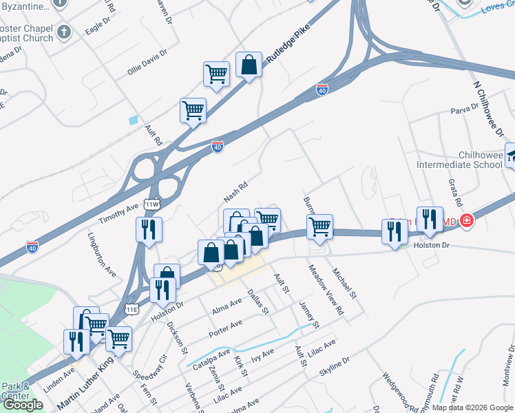 map of restaurants, bars, coffee shops, grocery stores, and more near 204 Dewdrop Lane in Knoxville