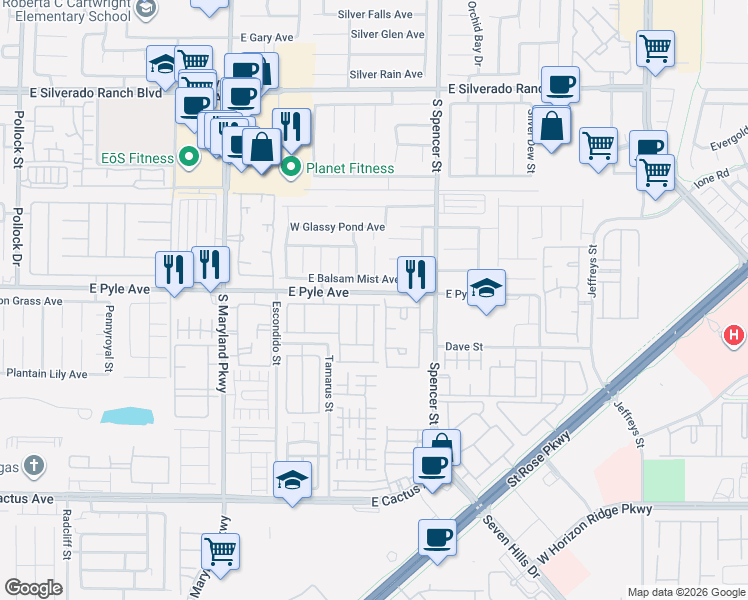 map of restaurants, bars, coffee shops, grocery stores, and more near 1550 Lamplight Village Lane in Las Vegas