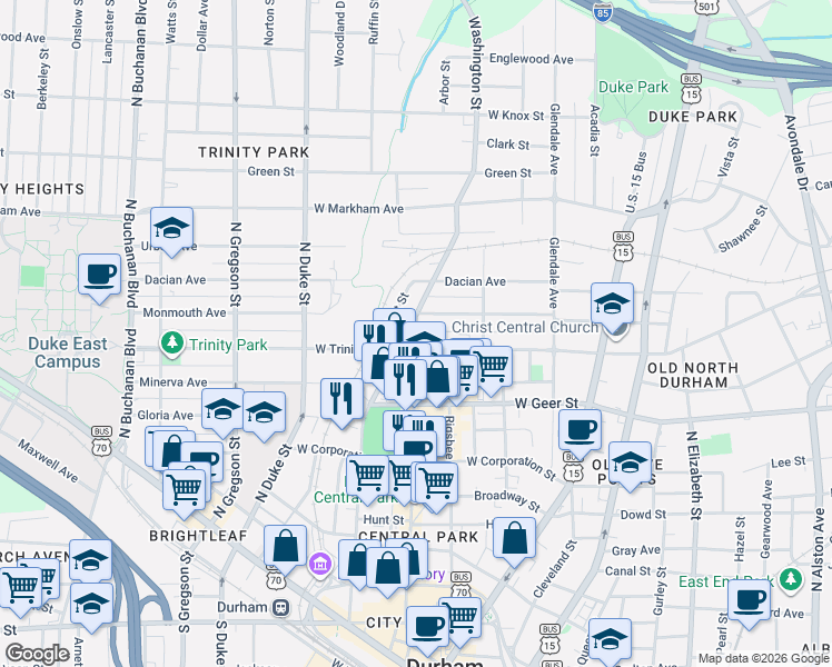 map of restaurants, bars, coffee shops, grocery stores, and more near 402 West Trinity Avenue in Durham