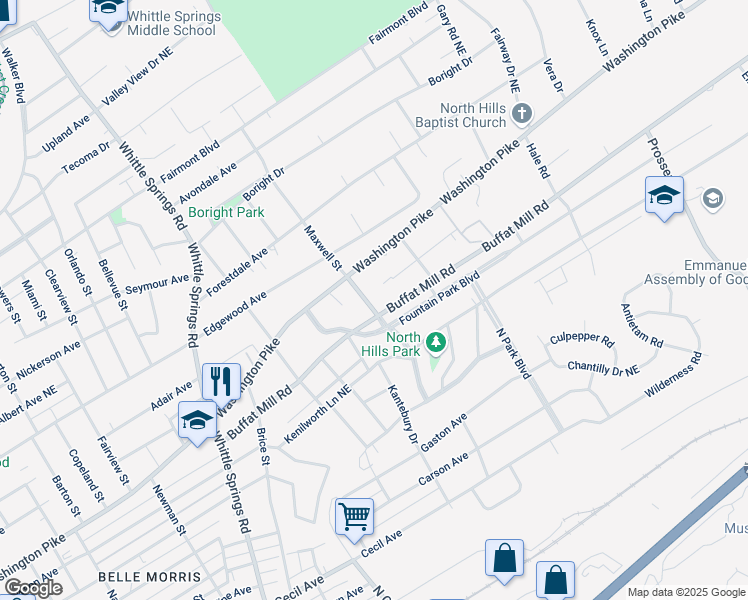 map of restaurants, bars, coffee shops, grocery stores, and more near 2614 Bridalwood Drive in Knoxville