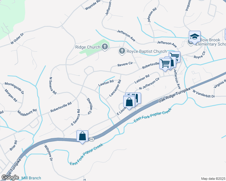 map of restaurants, bars, coffee shops, grocery stores, and more near 130 Lancaster Road in Oak Ridge