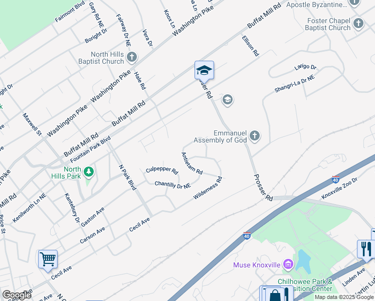 map of restaurants, bars, coffee shops, grocery stores, and more near 3614 Wilderness Road in Knoxville