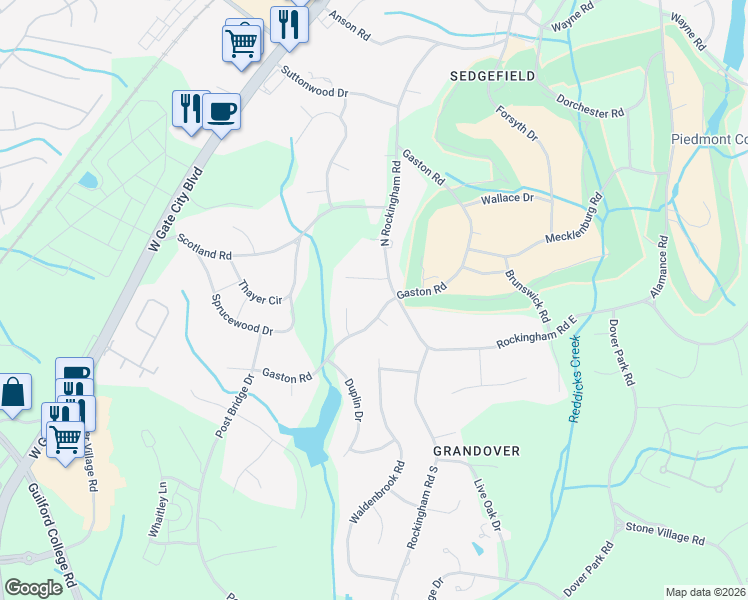 map of restaurants, bars, coffee shops, grocery stores, and more near 3600 Gaston Road in Greensboro