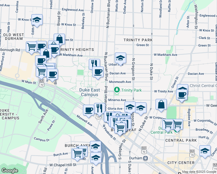 map of restaurants, bars, coffee shops, grocery stores, and more near 406 North Buchanan Boulevard in Durham