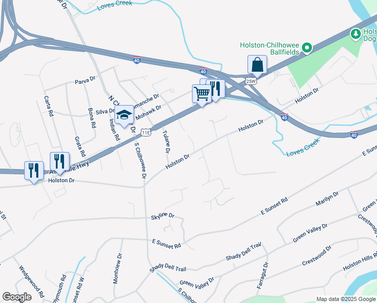 map of restaurants, bars, coffee shops, grocery stores, and more near 5211 Holston Drive in Knoxville