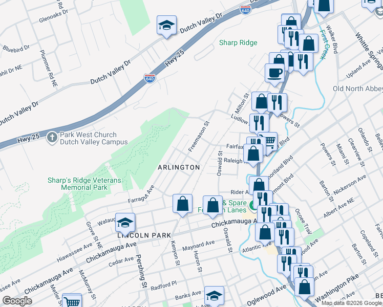 map of restaurants, bars, coffee shops, grocery stores, and more near 1006 Freemason Street in Knoxville